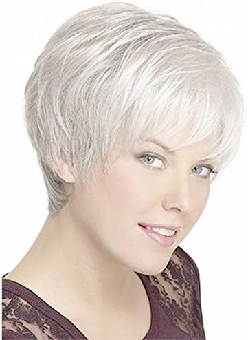 DEYSSNE Women's Short Fluffy Sliver Grey Heat Resistant Synthetic Wig for Mom Grandma