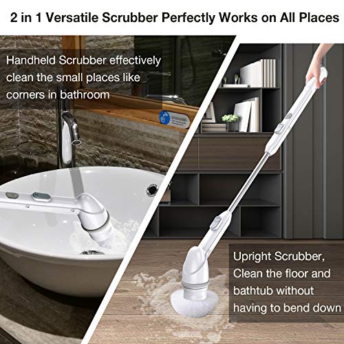 Electric Spin Scrubber, 360 Cordless Bathroom Cleaner, Waterproof Power Brush with 3 Replaceable Scrubber Cleaning Brush Heads, Anti-Slip Handle and Extension Arm for Tub, Tile, Floor