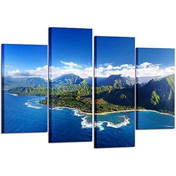 Kreative Arts - Beautiful Aerial View of Spectacular Na Pali Coast Kauai Canvas Prints Wall Art 4 Pieces Blue Sky Hawaii Islands Nature Painting Modern Artwork Contemporary Pictures for Office Decor