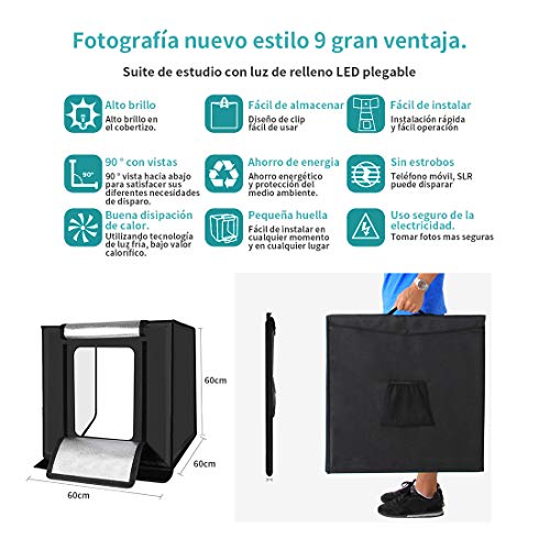 Juego de Estudio Fotográfico Portátil 60x60x60cm, Caja de Luz con Asa y Luz Regulable de 120 LED para Fotografía con 6 Fondos de Colores - Alta Calidad con Certificado (Set Estudio Fotográfico)