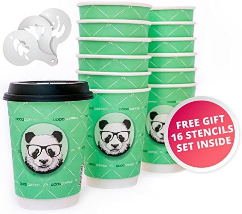 Premium Disposable Coffee Cups with Lids – Reusable, Double-Walled, Leak-Proof Travel Cup Set – 12oz To Go Cups Insulated for Hot Beverages + FREE Coffee Art Stencils – 50 Count Pack by GoodPandas