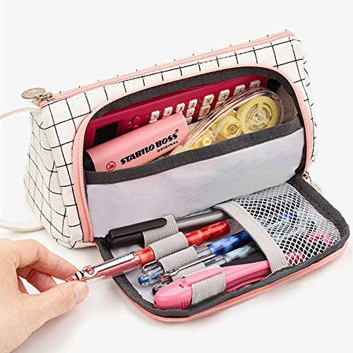 COOLOOK Big Capacity Colored Canvas Storage Pouch Marker Pen Pencil Case Stationery Bag Holder for Middle High School Office College Student Girl Women Adult Teen Christmas Gift White Plaid