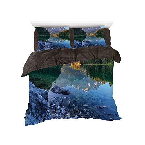Flannel 4 Piece Cotton Queen Size Bed Sheet Set for bed width 5ft Winter Holiday Pattern by,Lake House Decor,Fantastic Sundown on Mountain Lake Eibsee Located in the Bavaria Germany,Green Mustard Blue