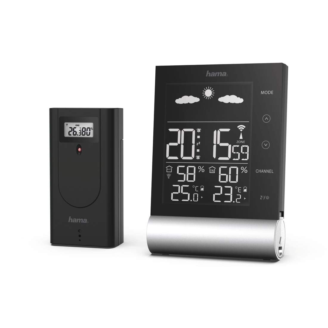 Hama Wireless Weather Station with Outdoor Sensor "Black Line" (with Weather Forecast, Measures Indoor and Outdoor Temperature, Thermometer, Hygrometer, Frost Alarm, DCF Radio-Controlled Clock, Alarm