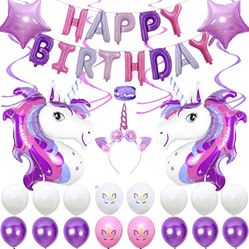 Purple Unicorn Birthday Party Supplies, Happy Birthday Decoration Set With Hanging Swirls, Five-Pointed Star Foil Balloon, White Pink And Purple Latex Balloons, Full Birthday Set 40PCS For Unicorn Birthday Party
