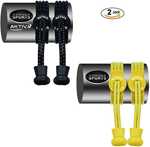 AKTIVX SPORTS LACES - No Tie Elastic Shoelaces that Lock, Replacement Running Shoelaces for Men, Women,Adults, Seniors &amp; Kids Sneakers, Cleats, Boots (2-Pack) (Black,Yellow)