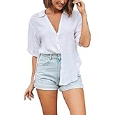 Womens Button Down Linen Shirts V Neck Roll Up Cuffed Sleeve Blouses Loose Collared Shirt Casual Formal Work Office Tops