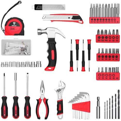 DEKO Complete Tool Box with Drill Driver 8 V Battery, 126 Pieces Case with Complete Set of Bits (Red)