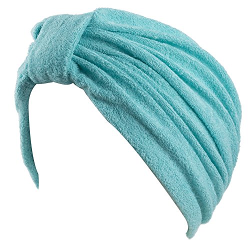 Soft Terry Cloth Turban Head Cover with Reversible Knot or Button Front - Turquoise