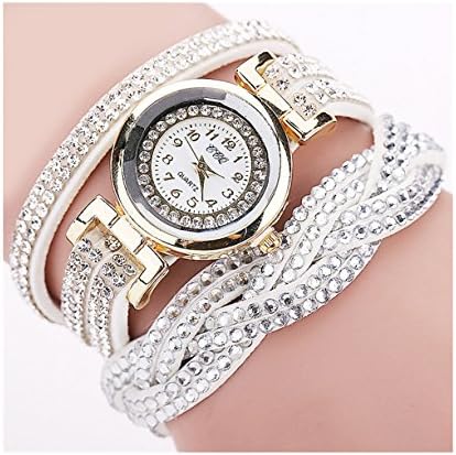Wrap Around Watch Faux Leather Bling Round Dial (white)