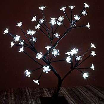 Bonsai Cherry Blossom Tree Light 48 LED Soft Crystal Cherry Flower Black Branches Smart Timer Battery Operated adjustable for Desk Window Ideal Décor Party Festival Spring Summer Night (white)