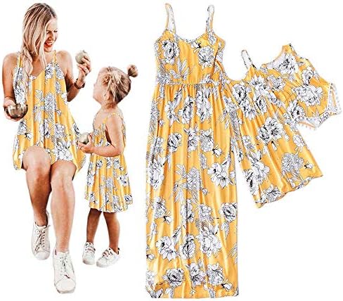 Mommy and Me Dresses Floral Print Spaghetti Straps Maxi Dress Family Matching Sleeveless High Waist Long Dress Sundress