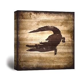 Square Canvas Wall Art - Crocodile Silhouette on Rustic Wood Board Texture Background - Giclee Print Gallery Wrap Modern Home Art Ready to Hang - 12x12 inches
