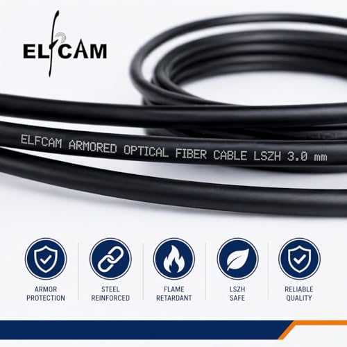 Elfcam - Fiber Optic Cable in Shielded Steel for Outdoor and Indoor LC/UPC to LC/UPC OM3 Multimode Duplex 50/125um Black (100M) | OM3 duplex LC/UPC cable with steel reinforced sheath, suitable for indoor and outdoor installations.