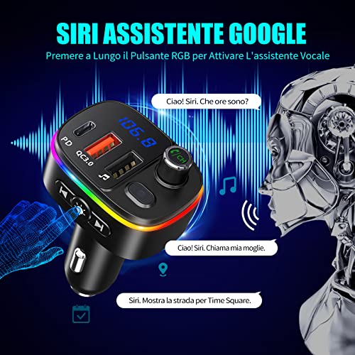 Goigrn Bluetooth per Auto, PD18W e QC3.0 Caricabatterie Auto con Microfono Potente, 9 Controluce a LED RGB, Trasmettitore Bluetooth per Auto Kit Vivavoce, Supporto Assistente Google Siri, Disco U