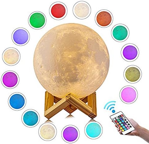 3D Night Light Moon Lamp USB Led Lights Stepless Dimmable and Touch Control/Remote control Lunar light, White and Yellow color with USB Recharging (16Color Remote Control Type, 15cm)