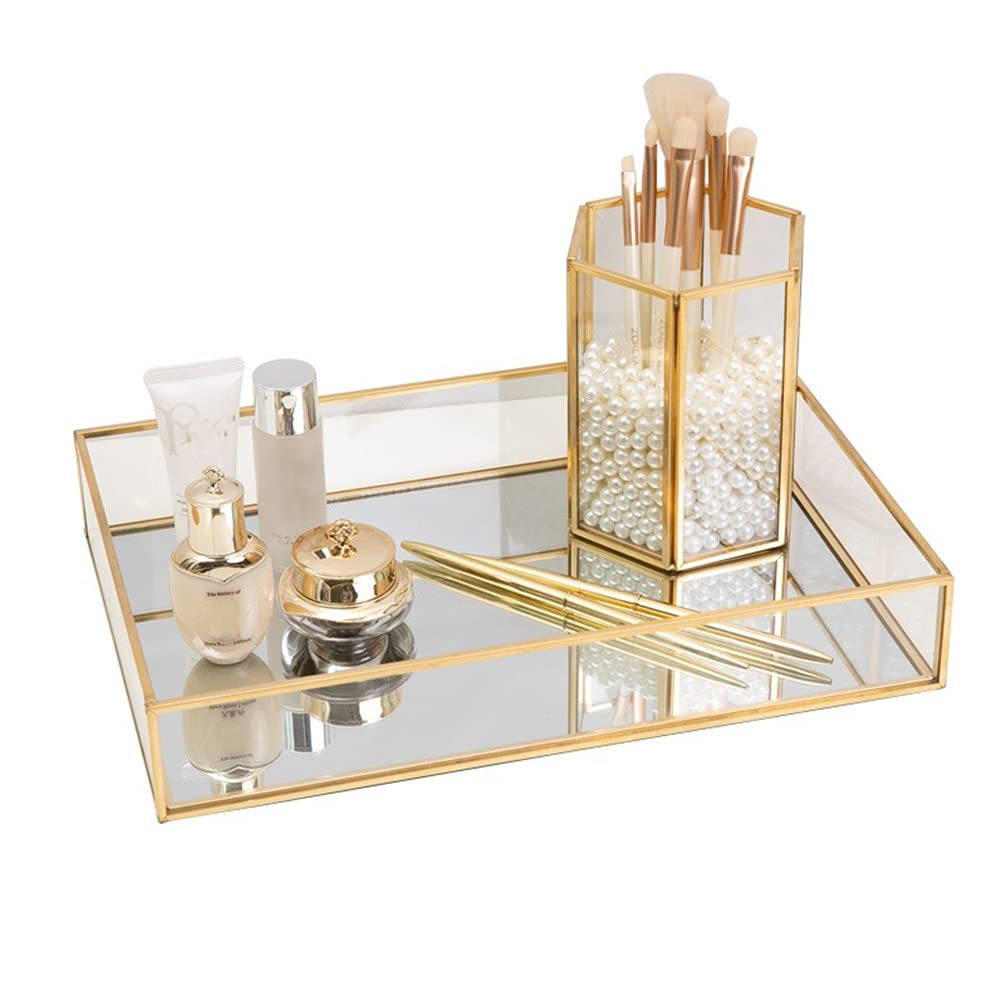 Gold Mirror Tray Perfume Display Jewelry Organizer Makeup Tray Serving Trays Beautiful Art Decor Ornate Tray Bathroom Trays Neatens up Storage For Vanity, Closet, Dresser (S20 * 14 * 3.5cm)