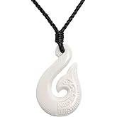 81stgeneration Hand-Carved Bone Large HEI Matau Whale Tail Pendant - Men's Surfer Accessory - Handmade Fish Hook Necklace - Maori-Style Koru Spiral Amulet - Natural Tribal Jewelry for Women