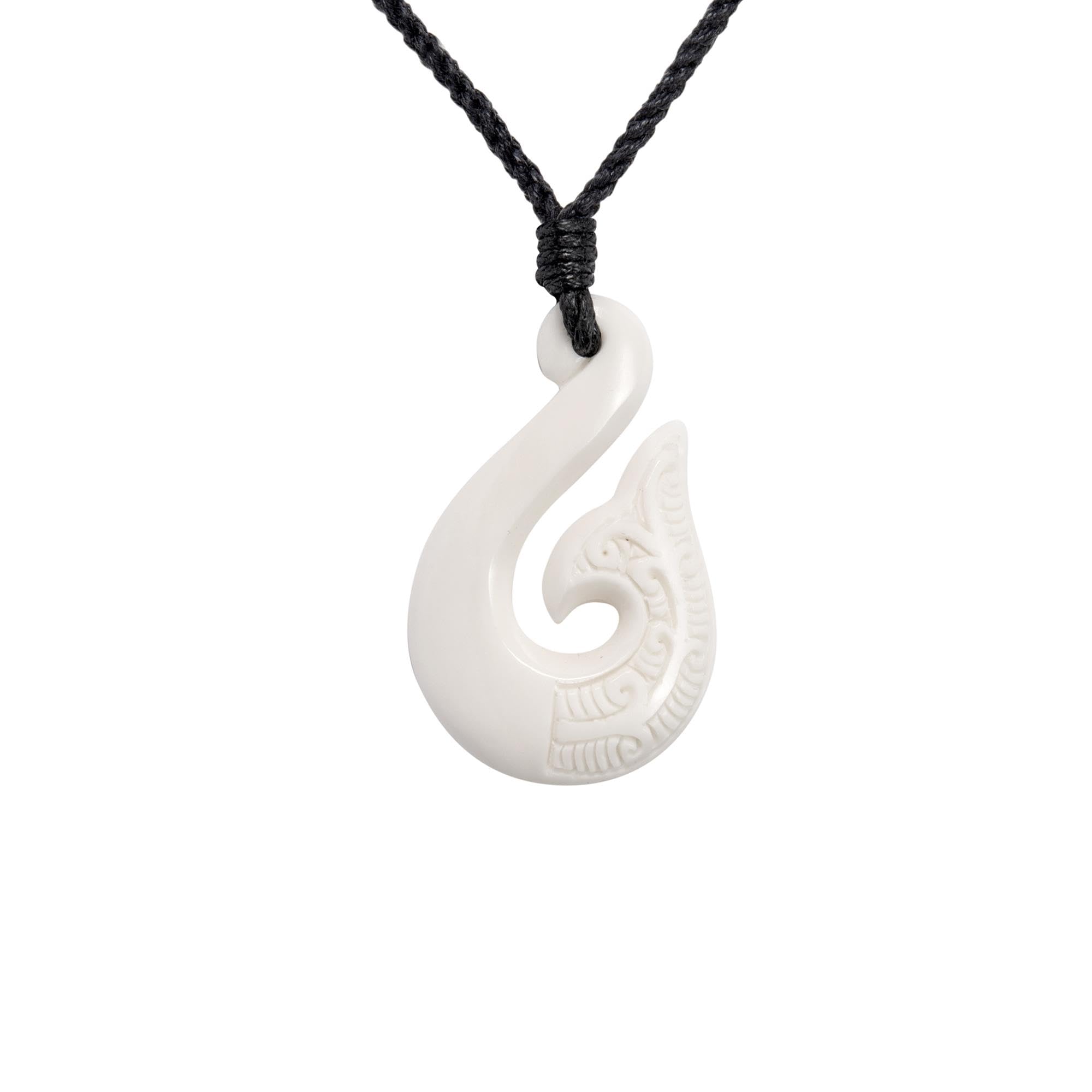 81stgeneration Hand-Carved Bone Large HEI Matau Whale Tail Pendant - Men's Surfer Accessory - Handmade Fish Hook Necklace - Maori-Style Koru Spiral Amulet - Natural Tribal Jewellery for Women