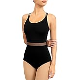 QZSH Women Dance Leotard Mesh Camisole Dancewear,Waist Mesh Splicing,Double Back Straps,Full Front Lining