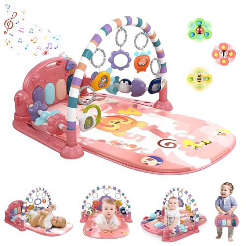 Baby Gym Play Mat, Piano Mat Kick and Play Lights and Music Tummy Time Toys Infant Musical Activity Gym Mat for Visual, Hearing, Sensory, Motor Development Xmas Gift for Baby Newborn 0-12 Months(Pink)