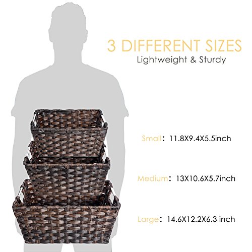 Woven Basket, MaidMAX Set of 3 Rectangular Wicker Rattan Nesting Baskets Storage Bins Containers Organizers Boxes with Handles for Shelves Pantry Bedroom Closet Organization