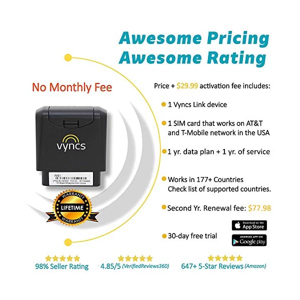 GPS Tracker for Vehicles Vyncs No Monthly Fee OBD RealTime 3G Car