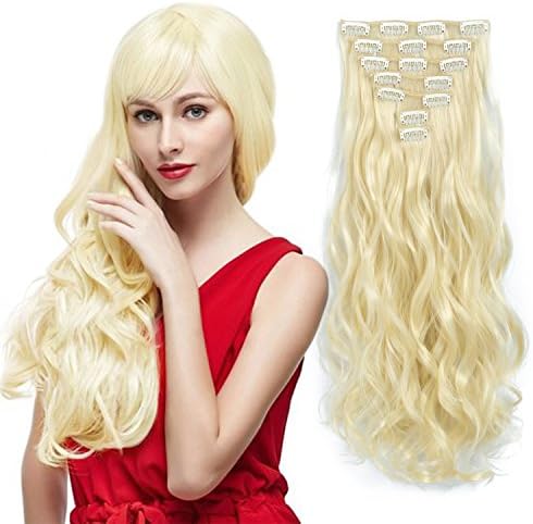 7pcs/set Clip in Hair Extensions Blonde 20inch Long Wavy Heat Resistant Synthetic Hairpiece Gifts for Girl Lady Women (613#)