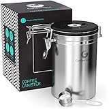 Coffee Gator Stainless Steel Container - Canister with co2 Valve, Scoop and eBook - Large, Stainless steel