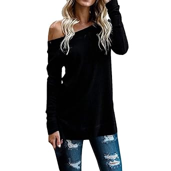 Rovinci Herbst Winter Damen Pullover Off Schulter Langarm Einfarbig Strickpullover One Shoulder Sweater Oberteile Sweatshirt 