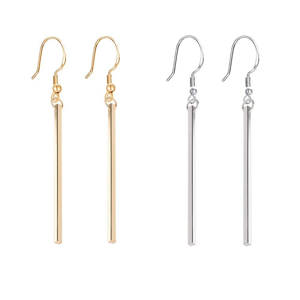 Culovity Vertical Bar Pendant Necklace Earrings - Simple Long lariat Chain Minimalist Dangle Earrings for Women 2.4" Pendant 35" Chain 2'' Drop, Copper