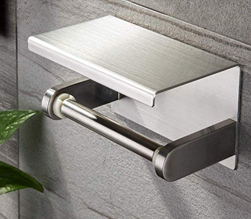 YIGII Toilet Paper Holder with Shelf - Stainless Steel Toilet Roll Holder Self Adhesive or Wall Mounted for Bathroom - Thumbnail 7