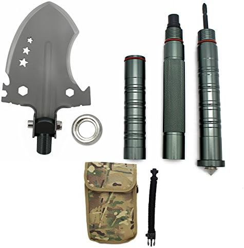 Tactical Folding Compact Shovel for Multipurpose Use with Several Functions for Hiking, Camping, and Survival - Bundled with Chord Bracelet Flint Starter
