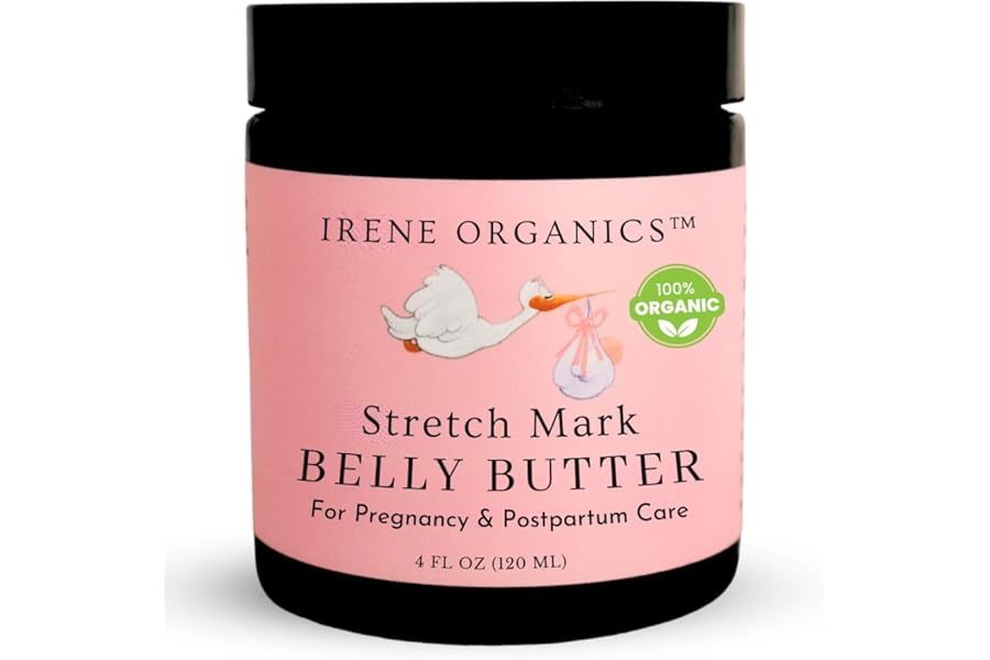 Organic Belly Butter for Pregnancy Stretch Mark Prevention and Treatment by Irene Organics – Award Winning Anti Stretch Mark Tummy Balm For Pregnancy and Postpartum 4oz – Hydrating Bump Cream
