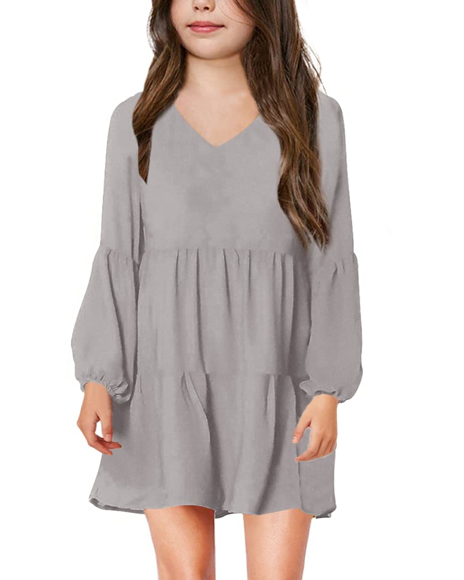 Photo 1 of Imily Bela Girls Casual Tunic Dresses V Neck Long Short Sleeve School Party Swing Dress 5-14 Years Grey