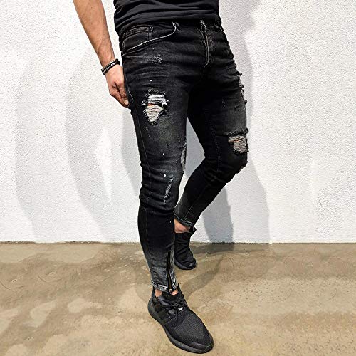 Caopixx Men Casual Trouser Biker Ripped Skinny Jeans Frayed Slim Fit Denim Pants Mens Shorts D-Black - Thumbnail 3