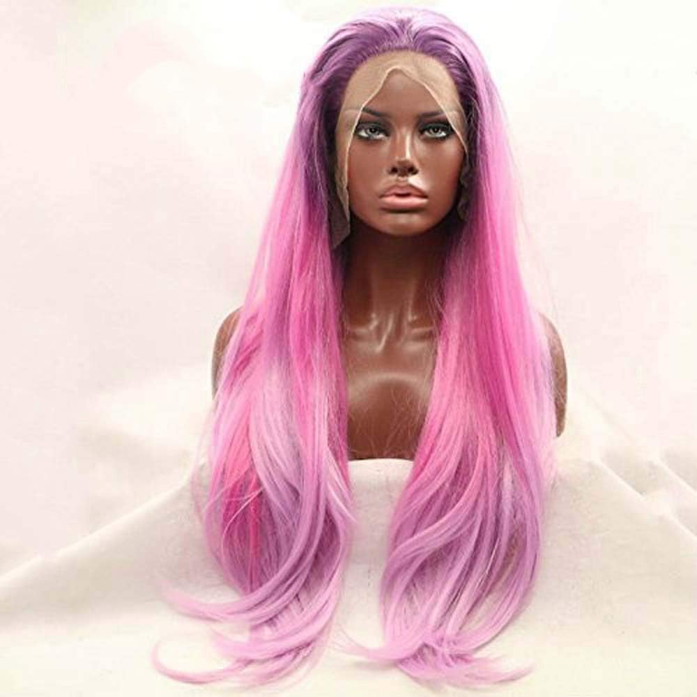 Xiweiya Long Ombre Pink Wig Purple Roots Natual Straight Synthetic Lace Front Wigs For Women Heat Resistant Fiber Hair Wig 24"