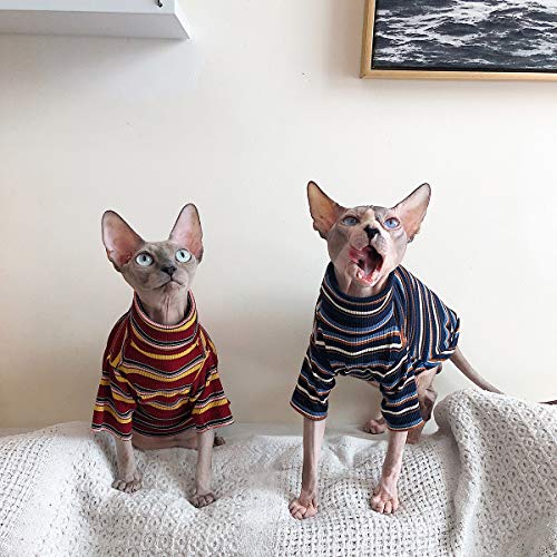 Bonaweite Hairless Cats Stripe T-Shirt, Breathable Cat Wear Clothes Vest Shirts for Sphynx, Cornish Rex, Devon Rex, Peterbald