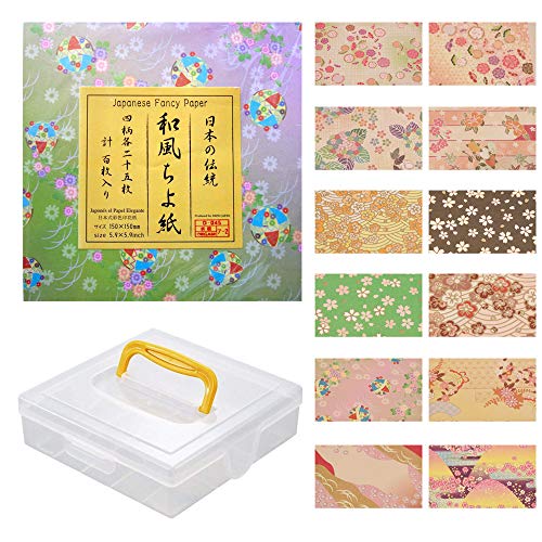 Japanese Origami 5.9inch Fancy Folding Paper Chiyogami 12 Designs 300 Sheets with Origami Box (3 Pack & Box)