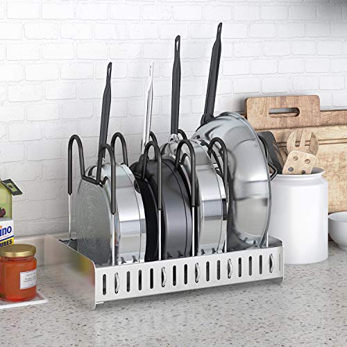 Lifewit Expandable Pan and Pot Lid Organizer Rack Holder Adjustable Kitchen Cabinet Pantry, 5-Tier Compartments Cupboard Bakeware Lid Plate Holder, Silver and Black - Thumbnail 5