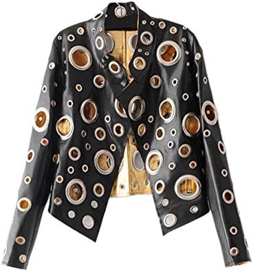 Viport Women's PU Leather Biker Jacket Cut-Out Holes Punk Rock Statement Coat
