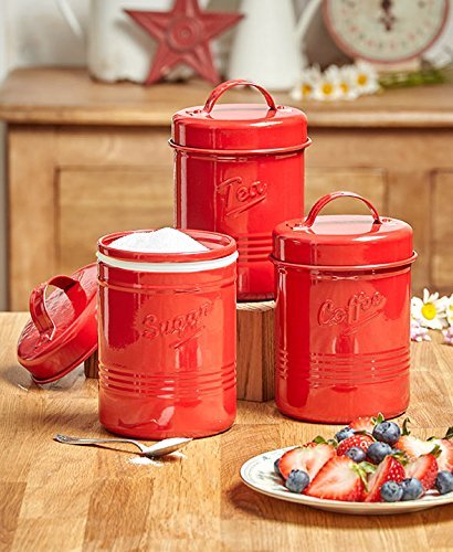 Vintage Set of 3 Red Metal Kitchen Canisters. Made from Steel. Tea, Sugar, Coffee