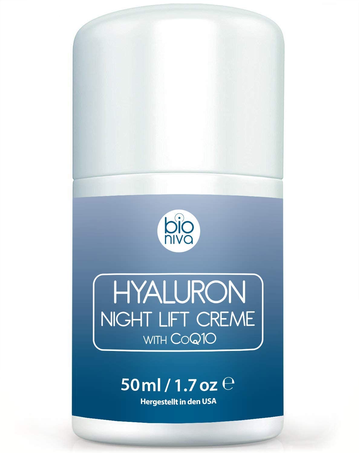 Hyaluron Face Lift Night Cream - Anti Aging Facial Night Care Wrinkle Cream featuring vegan and natural ingredients including Peptides, Hyaluronic Acid, CoQ10, AHA, Glycolic Acid & Aloe 50mL