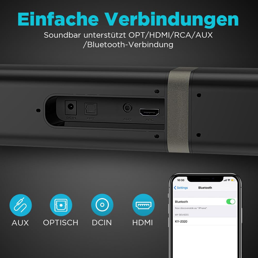 HoYLluDLL 2.0-Kanal Soundbar für TV Geräte, 32 Zoll Teilbare 2-in-1 Soundbar für TV Soundbar Bluetooth mit 3 EQ-Modi und 3D Surround Sound, TV Lautsprecher Soundbars mit ARC/Optisch/Aux, 1pcs 6