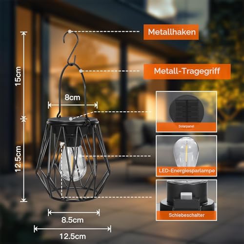 Ketom Pack of 2 Solar Lights for Outdoor Hanging Solar Lantern for Outdoor Standing Metal IP65 Waterproof Solar Pendant Lamp Outdoor Vintage with LED Bulb and Hook, Diamond, Black, for Outdoor Lawn