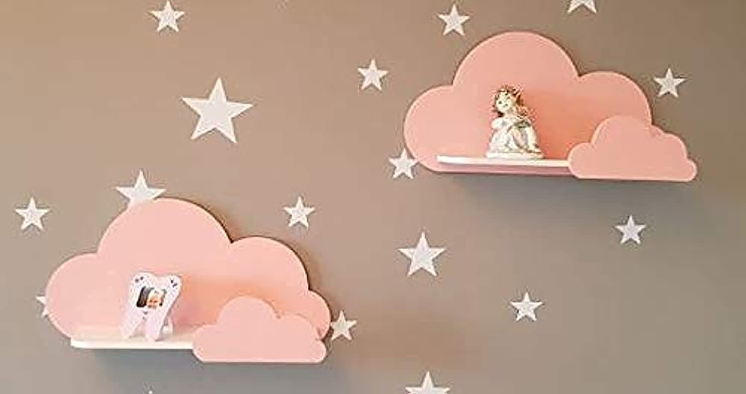 Happy Woody 2 Pack Cloud Wall Shelves / Floating Shelf / Kids Room Decor / Nursery Decor / Handmade / Easy Install / Rustic Style / Wooden Wall Shelves