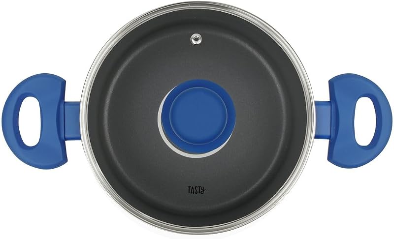 678539 Casserole 20 cm avec Couvercle, Antiadhésif Greblon®, Faitout Tous Feux Dont Induction, Four Jusque 130°C, Système Dosage d'Huile, Lave-Vaisselle, Aluminium Pressé, Verre, Gris, Bleu