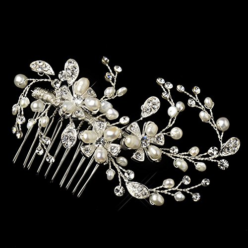 RaeBella Weddings Sparkling Silver Freshwater Pearl & Rhinestone Floral Bridal Hair Comb