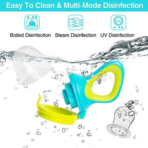 Baby Fruit Feeder Pacifier (2 Pack) Fresh Food Feeder with 3 Sizes Silicone Pouches Infant Fruit Teething Toy Includes 2 Pack Pacifier Clips and 4 Pack Baby Feeding Spoons