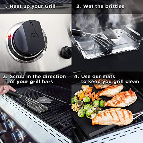 No.1 Bristle Free Safe Grill Brush and Scraper + 2 Heavy Duty BBQ Grill Mats | Stainless Steel Wire 17" BBQ Cleaning Brush for All Grill Grates - Weber Gas, Porcelain Ceramic Iron | Superior Value Set
